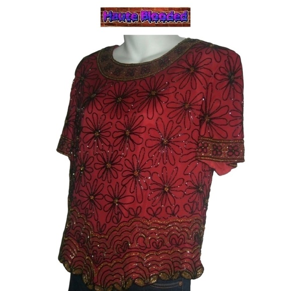 Vintage Adrianna Papell Boutique Red Silk Blouse Beaded Floral Flapper 20's VTG - Picture 3 of 11